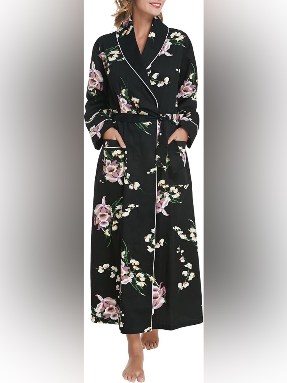 Floral Black Cotton Spa Lounge Robe - Women’s Intimates & Sleepwear